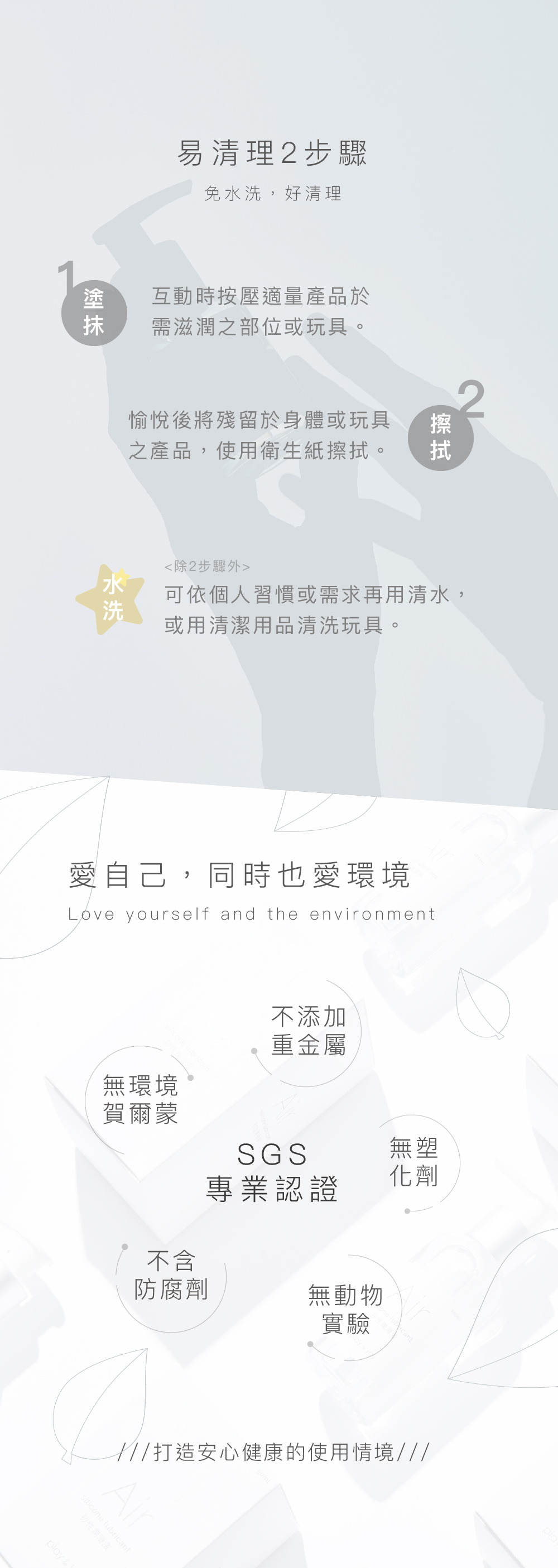 易清理2步驟免,好清理互動時按壓適量產品於需滋潤之部位或玩具。愉悅後將殘留於身體或玩具之產品,使用衛生紙。拭擦拭擦水洗除2步驟外可依個人習慣或需求再用清水,或用清潔用品清洗玩具。愛自己,同時也愛環境Love yourself and the environment不添加重金屬無環境賀爾蒙SGS專業認證無塑化劑不含防腐劑無動物實驗play打造安心健康的使用情境///矽性潤滑液 lubricant